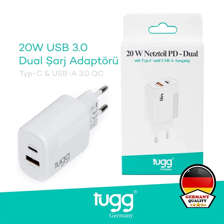Tugg Germany Akıllı Şarj Başlık 20w Isı Ve Akım Korumalı Hızlı Sarj Usb+type-c Çift Girişli 104403