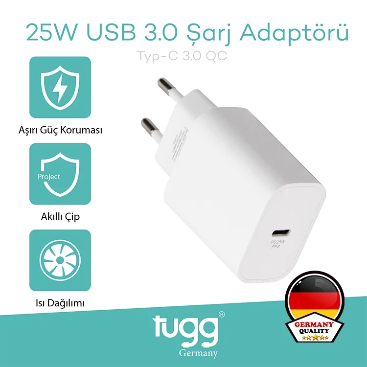 Tugg Germany Akıllı Şarj Başlık 25w Isı Ve Akım Korumalı Hızlı Turbo Sarj Type-c Girişli 104404
