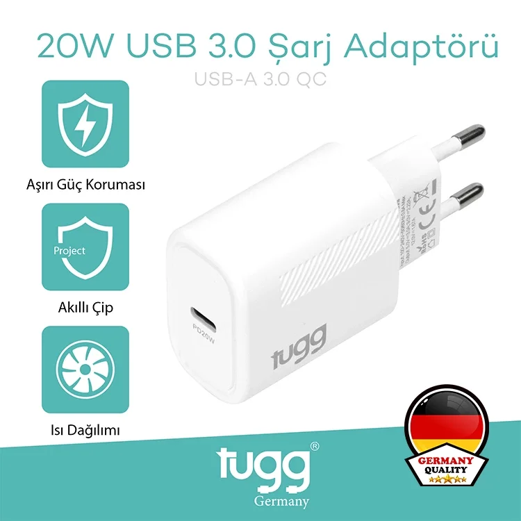 Tugg Germany Akıllı Şarj Başlık 20w Isı Ve Akım Korumalı Hızlı Sarj Type-c Girişli 104405