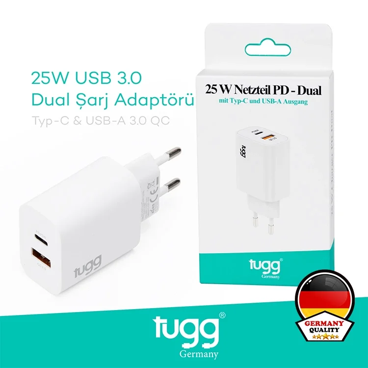 Tugg Germany Akıllı Şarj Başlık 25w Isı Ve Akım Korumalı Hızlı Turbo Sarj Usb+type-c Çift Girişli 104406