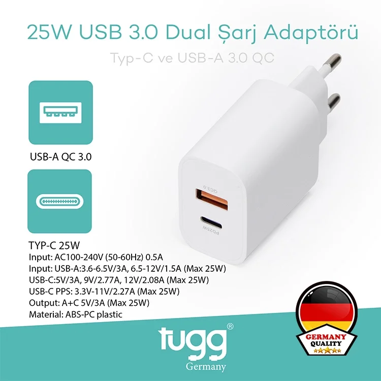 Tugg Germany Akıllı Şarj Başlık 25w Isı Ve Akım Korumalı Hızlı Turbo Sarj Usb+type-c Çift Girişli 104406