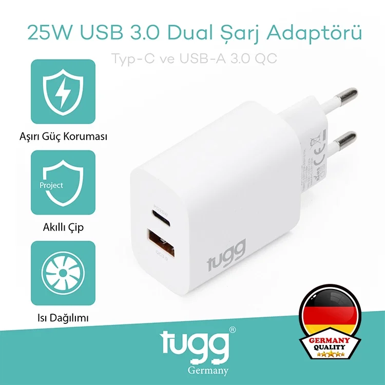 Tugg Germany Akıllı Şarj Başlık 25w Isı Ve Akım Korumalı Hızlı Turbo Sarj Usb+type-c Çift Girişli 104406