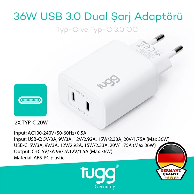 Tugg Germany Akıllı Şarj Başlık 36w Isı Ve Akım Korumalı Hızlı Turbo Sarj Type-c+type-c Çift Girişli 104407