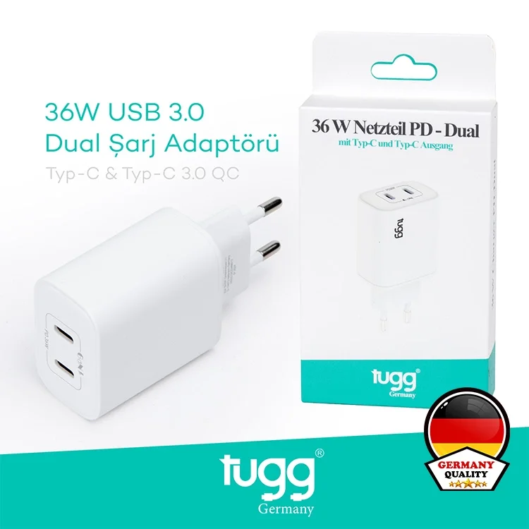 Tugg Germany Akıllı Şarj Başlık 36w Isı Ve Akım Korumalı Hızlı Turbo Sarj Type-c+type-c Çift Girişli 104407