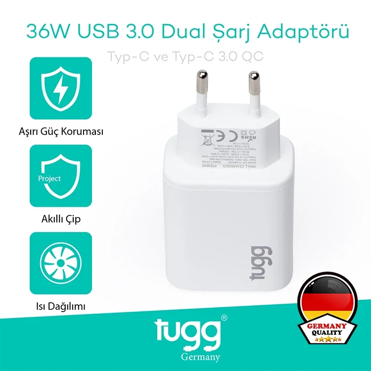 Tugg Germany Akıllı Şarj Başlık 36w Isı Ve Akım Korumalı Hızlı Turbo Sarj Type-c+type-c Çift Girişli 104407