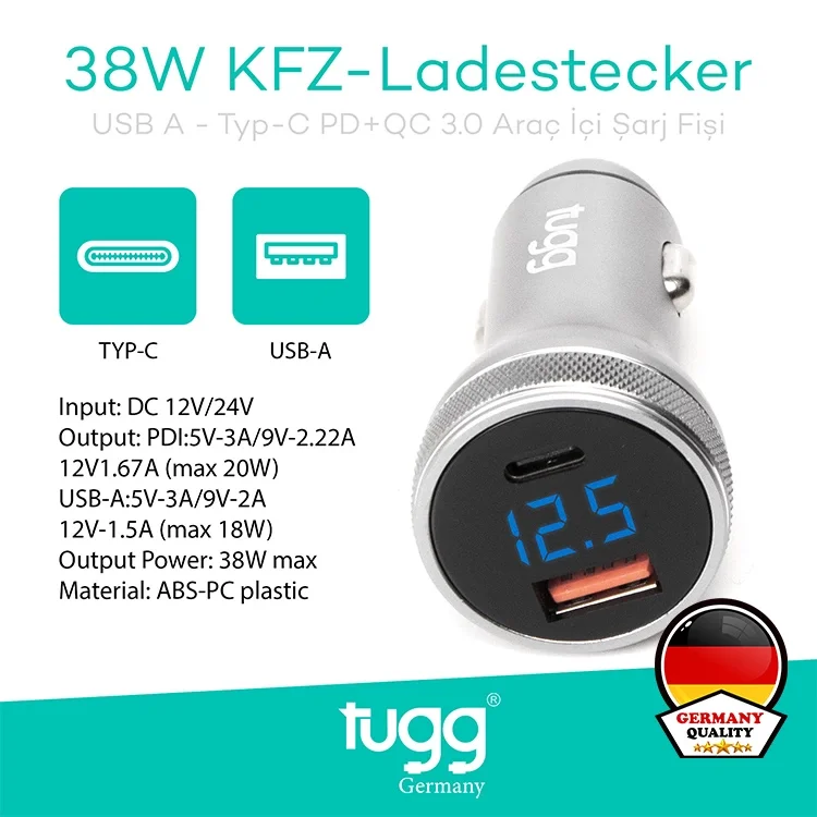 Tugg Germany Araç Şarj Başlık 38w Isı Ve Akım Korumalı Turbo Hızlı Usb-type-c Girişli 104500 Kfz