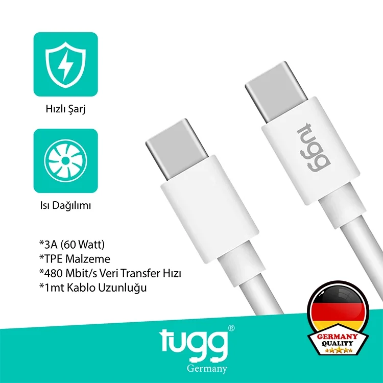Tugg Germany Şarj Kablosu Ve Veri Aktarımı Ultra Hızlı 60w 1 Mt Beyaz Type-c + Type-c 104617