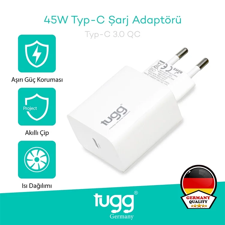 Tugg Germany Akıllı Şarj Başlık 45w Isı Ve Akım Korumalı Hızlı Turbo Sarj Type-c+type-c Çift Girişli 104409