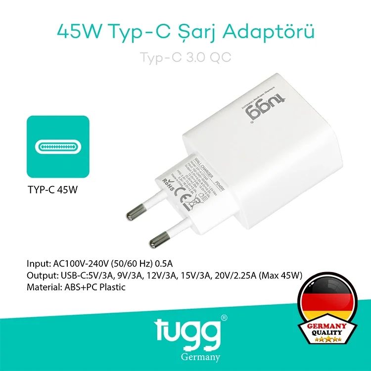 Tugg Germany Akıllı Şarj Başlık 45w Isı Ve Akım Korumalı Hızlı Turbo Sarj Type-c+type-c Çift Girişli 104409