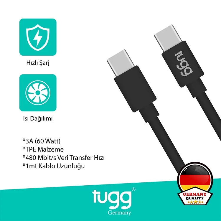 Tugg Germany Şarj Kablosu Ve Veri Aktarımı Ultra Hızlı 60w 1 Mt Siyah Type-c + Type-c 104629