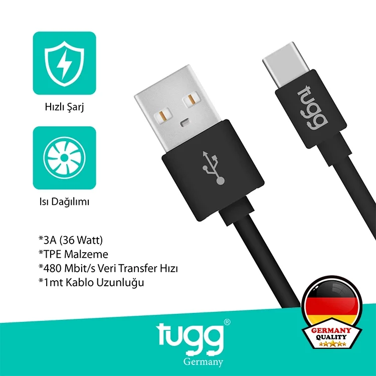 Tugg Germany Şarj Kablosu Ve Veri Aktarımı Ultra Hızlı 60w 1 Mt Siyah Usb-type-c 104628