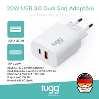 Tugg Germany Akıllı Şarj Başlık 20w Isı Ve Akım Korumalı Hızlı Sarj Usb+type-c Çift Girişli 104403