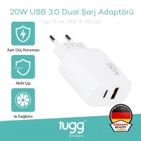 Tugg Germany Akıllı Şarj Başlık 20w Isı Ve Akım Korumalı Hızlı Sarj Usb+type-c Çift Girişli 104403