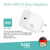 Tugg Germany Akıllı Şarj Başlık 25w Isı Ve Akım Korumalı Hızlı Turbo Sarj Type-c Girişli 104404