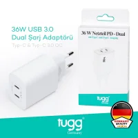 Tugg Germany Akıllı Şarj Başlık 36w Isı Ve Akım Korumalı Hızlı Turbo Sarj Type-c+type-c Çift Girişli 104407