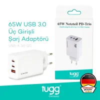 Tugg Germany Akıllı Şarj Başlık 65w Isı Ve Akım Korumalı Hızlı Turbo Sarj Type-c+type-c Çift+usb Girişli 104408