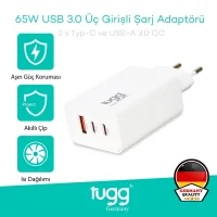 Tugg Germany Akıllı Şarj Başlık 65w Isı Ve Akım Korumalı Hızlı Turbo Sarj Type-c+type-c Çift+usb Girişli 104408