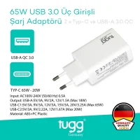 Tugg Germany Akıllı Şarj Başlık 65w Isı Ve Akım Korumalı Hızlı Turbo Sarj Type-c+type-c Çift+usb Girişli 104408