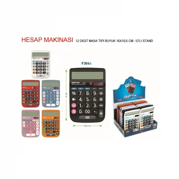 Gıpta Hesap Makinesi 6 Renk 12 Dıgıt Büyük F3046
