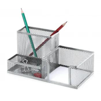 İnox 0652 Ofis Metal Fileli Kalemlik Kombine Set 3 Gözlü Gümüş