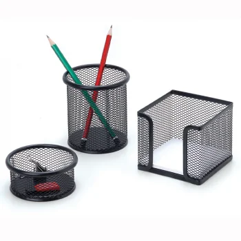 İnox 0683 Ofis Metal Fileli Kalemlik 3lü Set Siyah