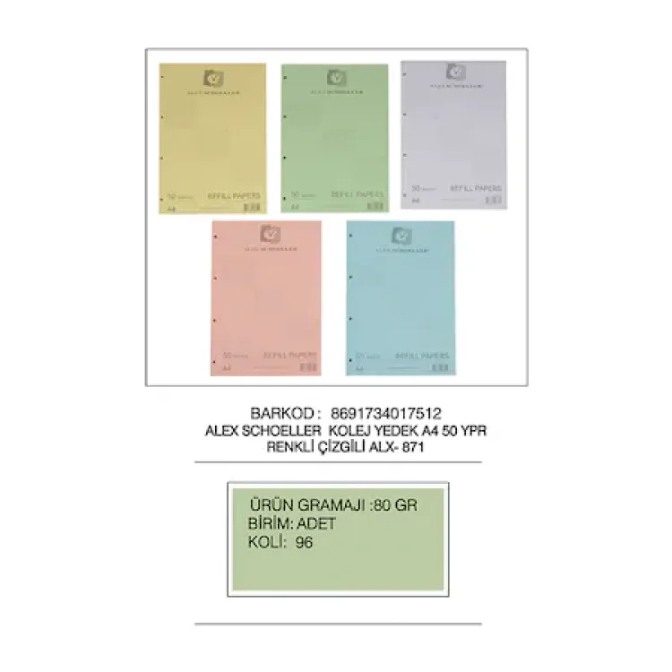 Alex Schoeller A4 Kolej Yedek 50li Çizgili Renkli Alx-871
