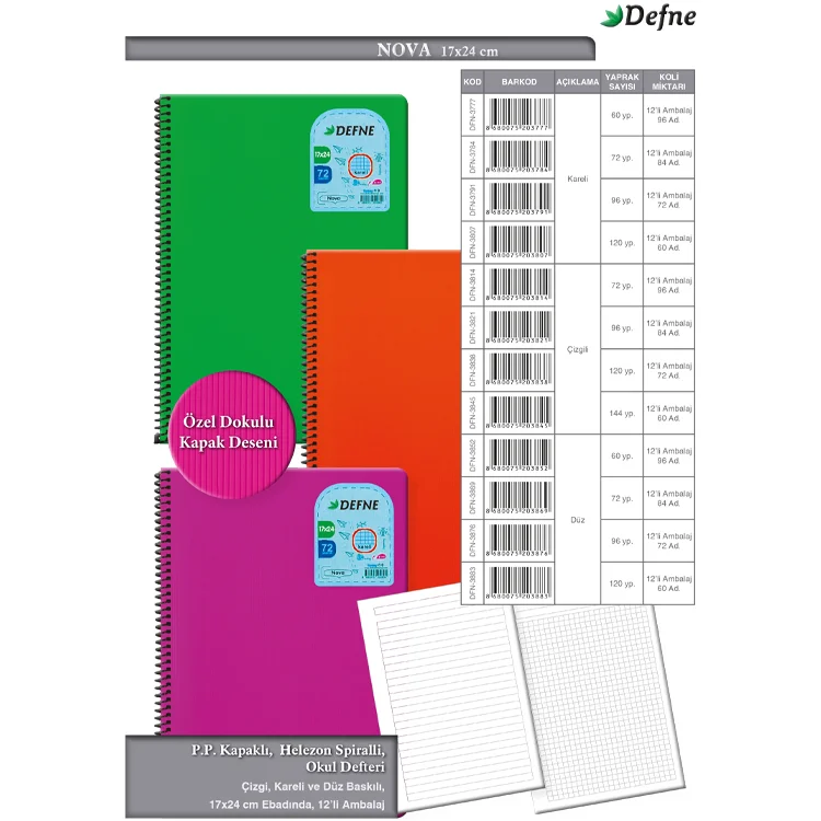 Defne Nova 17x24 Pp Kapak Defter 72 Yaprak Kareli Dfn-3784