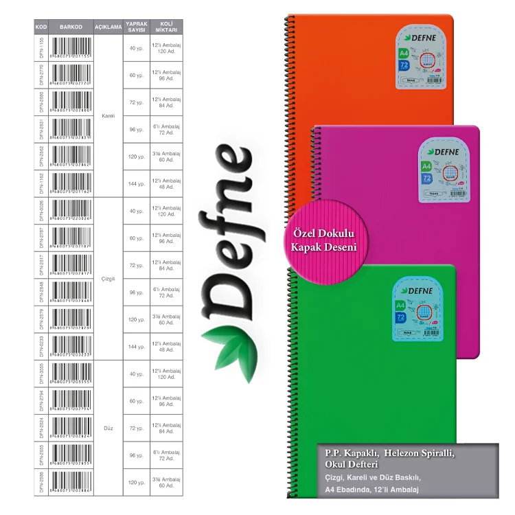 Defne Nova A4 Spiralli Pp Kapak Defter 40 Yaprak Çizgili Dfn-0226