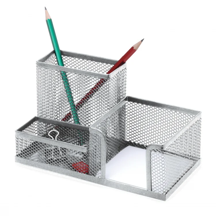 İnox 0652 Ofis Metal Fileli Kalemlik Kombine Set 3 Gözlü Gümüş