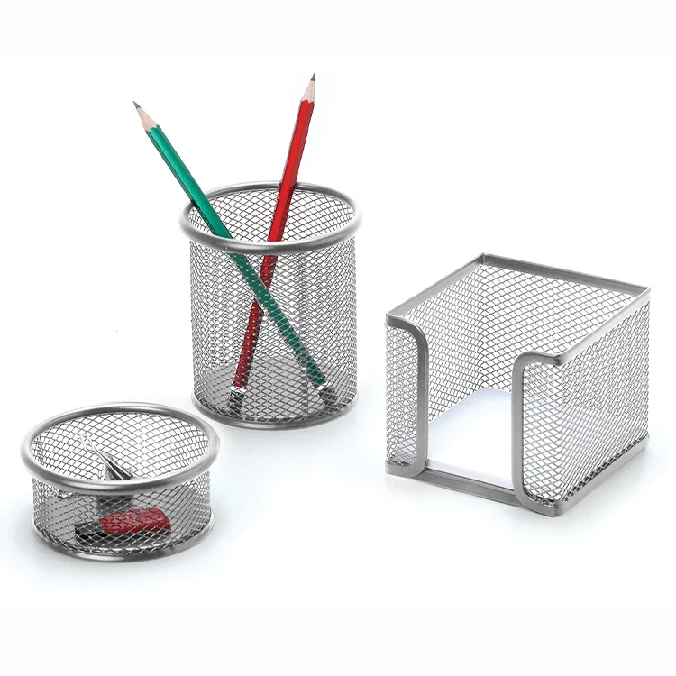 İnox 0690 Ofis Metal Fileli Kalemlik 3lü Set Gümüş