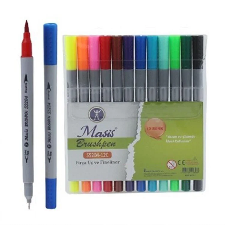 Masis S5204-12c Brushpen Fırça Uç Fineliner Kalem 12 Renk Pvc Paket