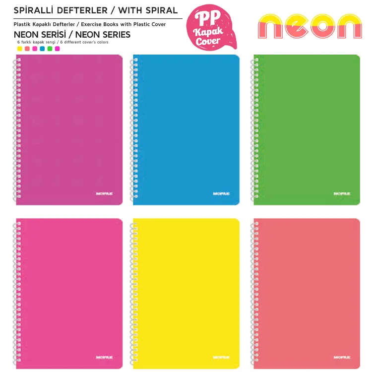 Mopak A4 Spiralli Plastik Kapak Defter Neon 72 Yaprak Kareli