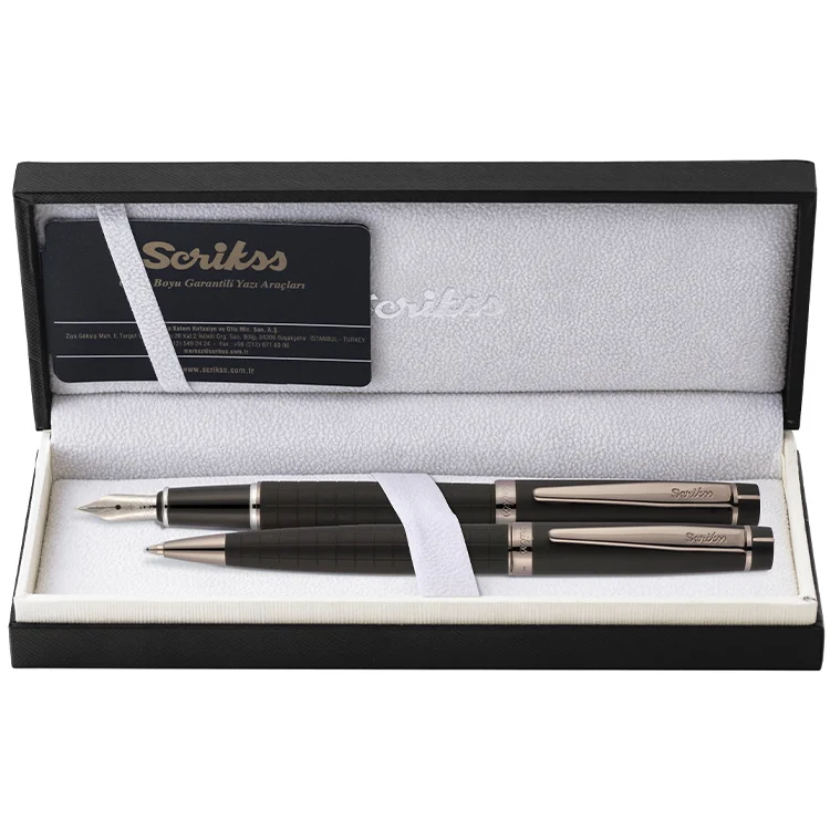 Scrikss Dolma + Tükenmez Kalem 38 İkili Set Mat Siyah Lüks Kutu