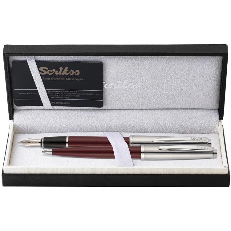 Scrikss 78 Dolma Kalem + Tükenmez Kalem İkili Set Bordo