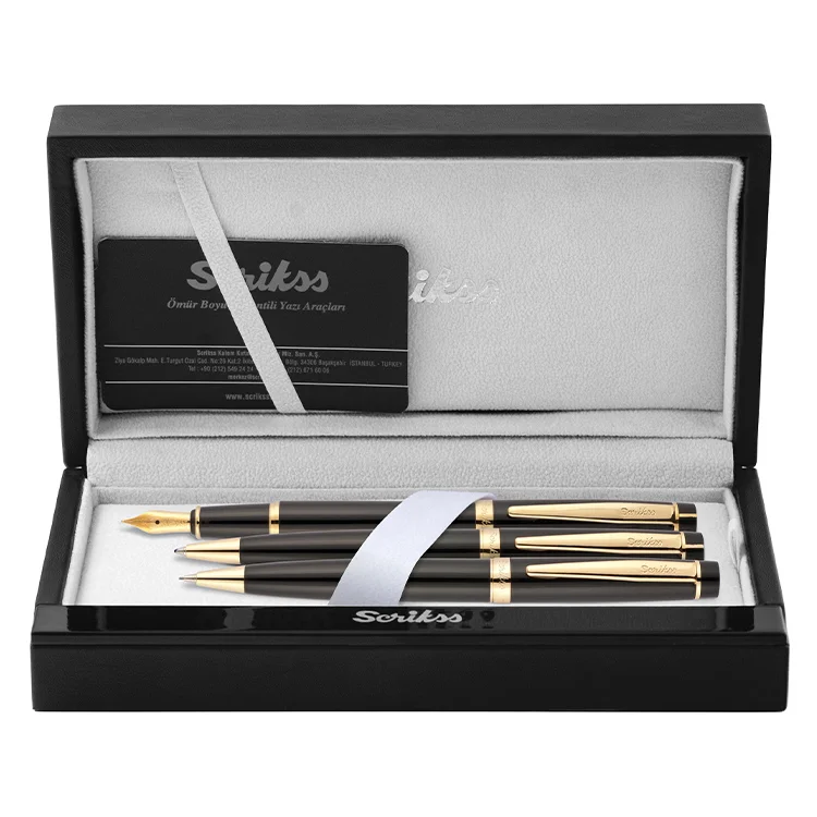 Scrikss Dolma + Tükenmez + Versatil Kalem 38 Üçlü Set Siyah Altın