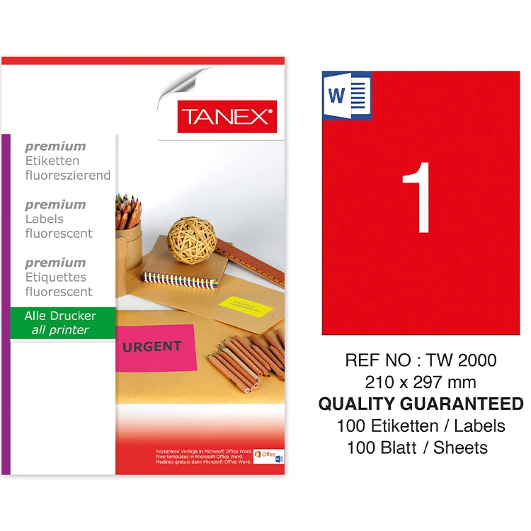 Tanex Lazer Etiket Tw-2000 210*297 Mm Floresan Kırmızı 100 Adet