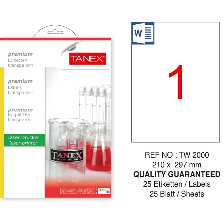 Tanex Lazer Etiket Tw-2000 210*297 Mm Şeffaf 25li