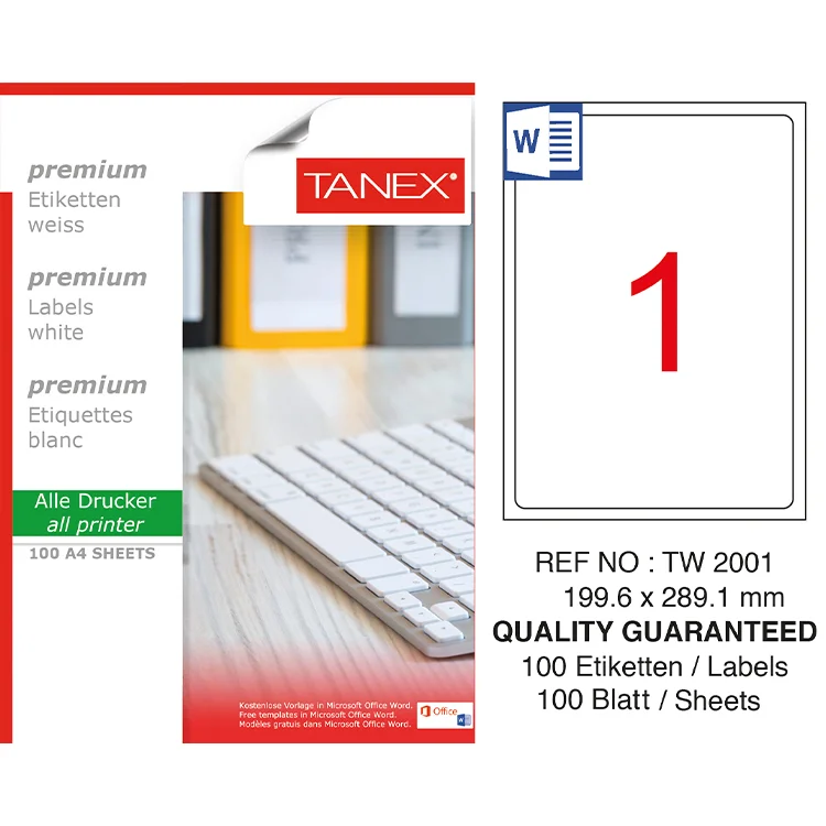 Tanex Lazer Etiket Tw-2001 199.6*289.1 Mm Beyaz 100 Adet