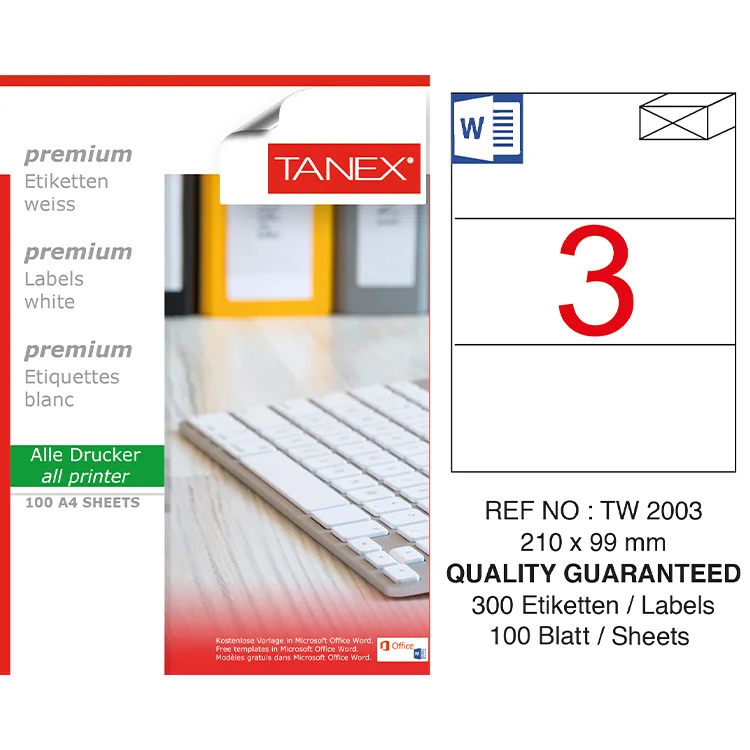 Tanex Lazer Etiket Tw-2003 210*99 Mm Beyaz