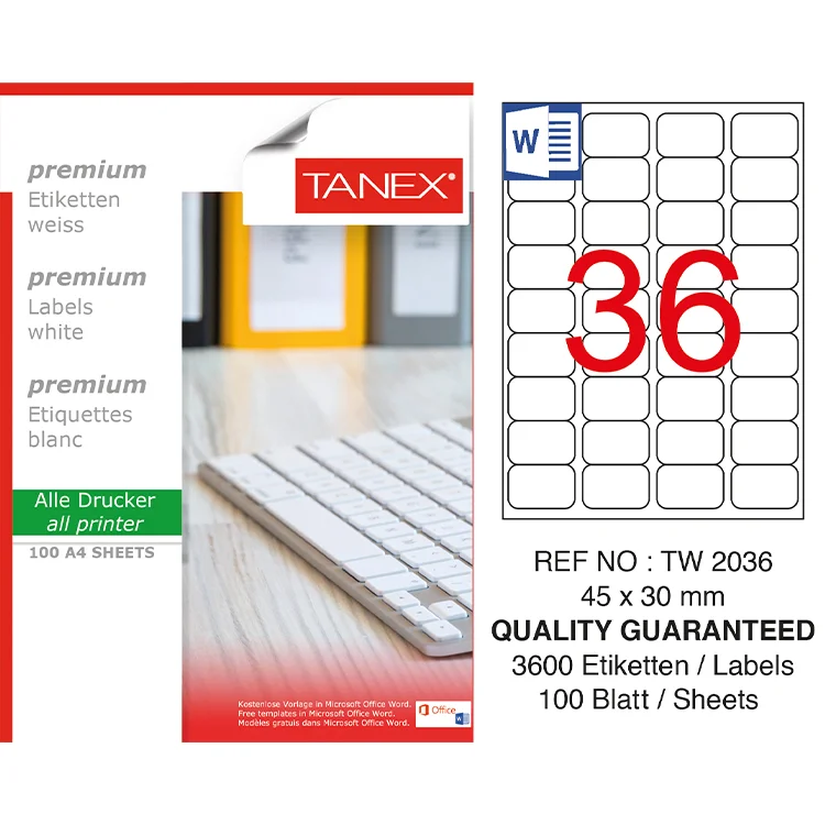 Tanex Lazer Etiket Tw-2036 45*30 Mm Beyaz 100lü