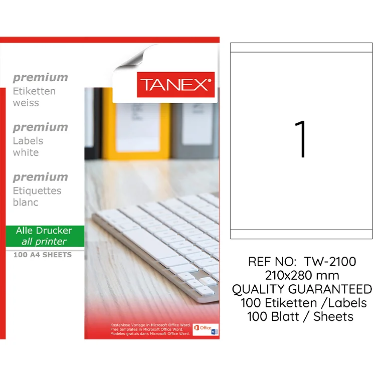 Tanex Lazer Etiket Tw-2100 210*280 Mm Beyaz 100lü