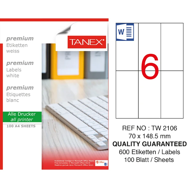 Tanex Lazer Etiket Tw-2106 70*148.5 Mm Beyaz 100lü