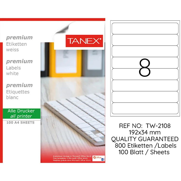 Tanex Lazer Etiket Tw-2108 192*34 Mm Beyaz 100lü