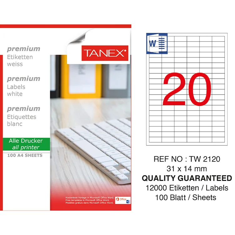 Tanex Lazer Etiket Tw-2120 31*14 Mm Beyaz 100lü