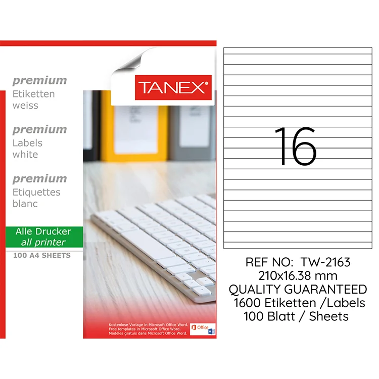 Tanex Lazer Etiket Tw-2163 210*16,38 Mm Beyaz 100lü
