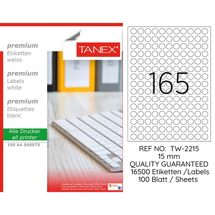 Tanex Lazer Etiket Tw-2215 15 Mm Beyaz 100lü
