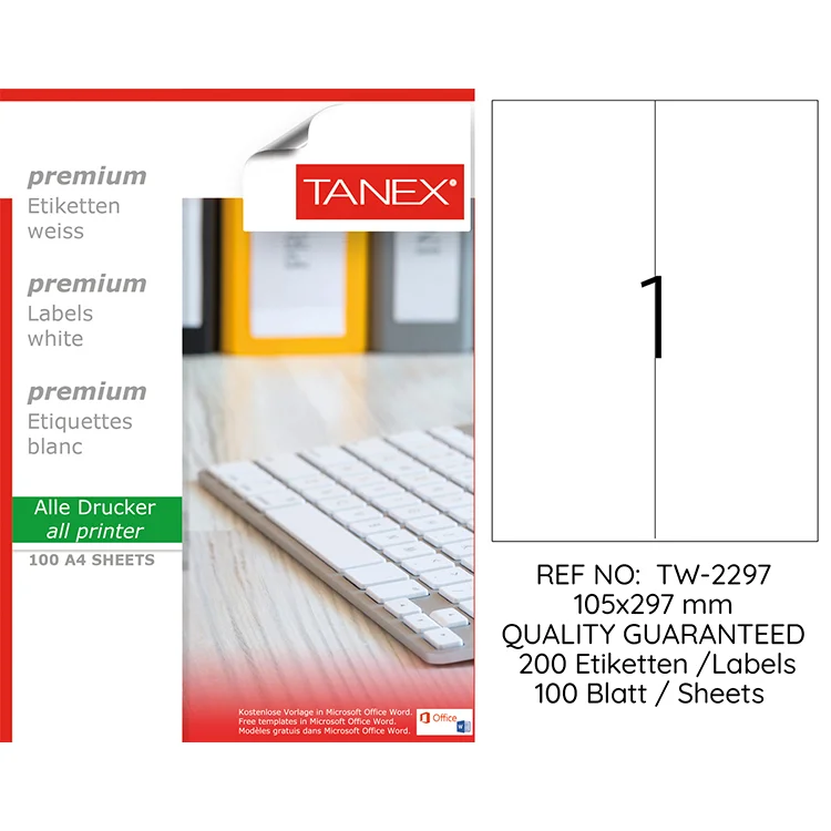 Tanex Lazer Etiket Tw-2297 105*297 Mm Beyaz 100lü