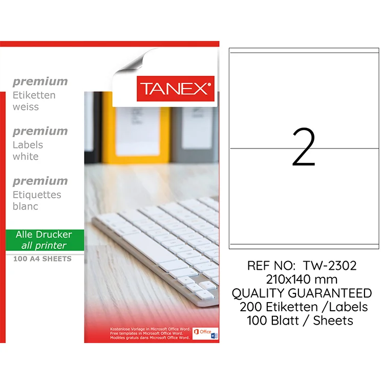 Tanex Lazer Etiket Tw-2302 210*140 Mm Beyaz 100lü