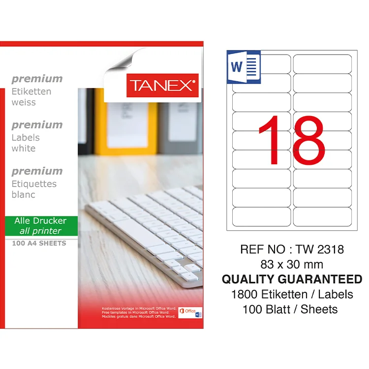 Tanex Lazer Etiket Tw-2318 83*30 Mm Beyaz 100lü