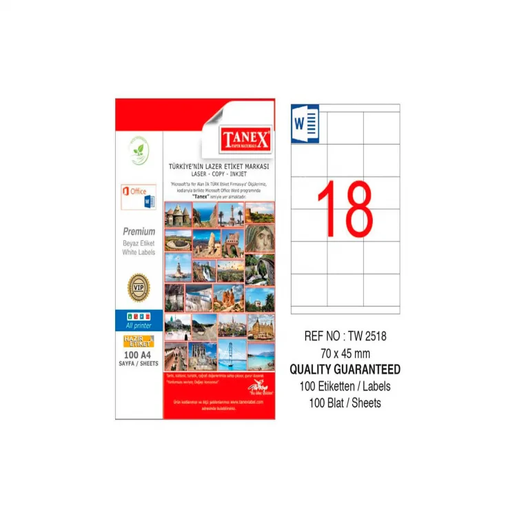 Tanex Lazer Etiket Tw-2518 70*45 Mm Beyaz 100lü